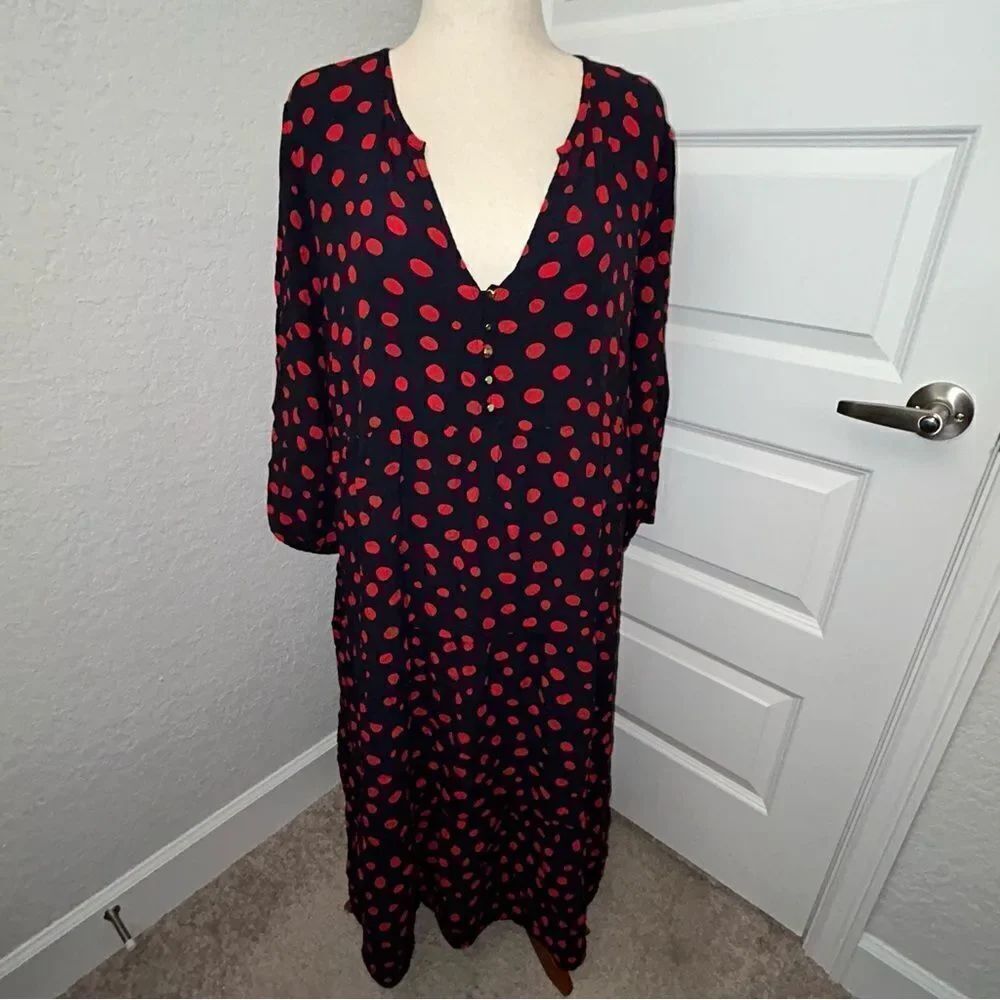 LOFT Polka Dot Print Long Sleeve 1/4 Button Down Ruffle Tier Maxi Dress